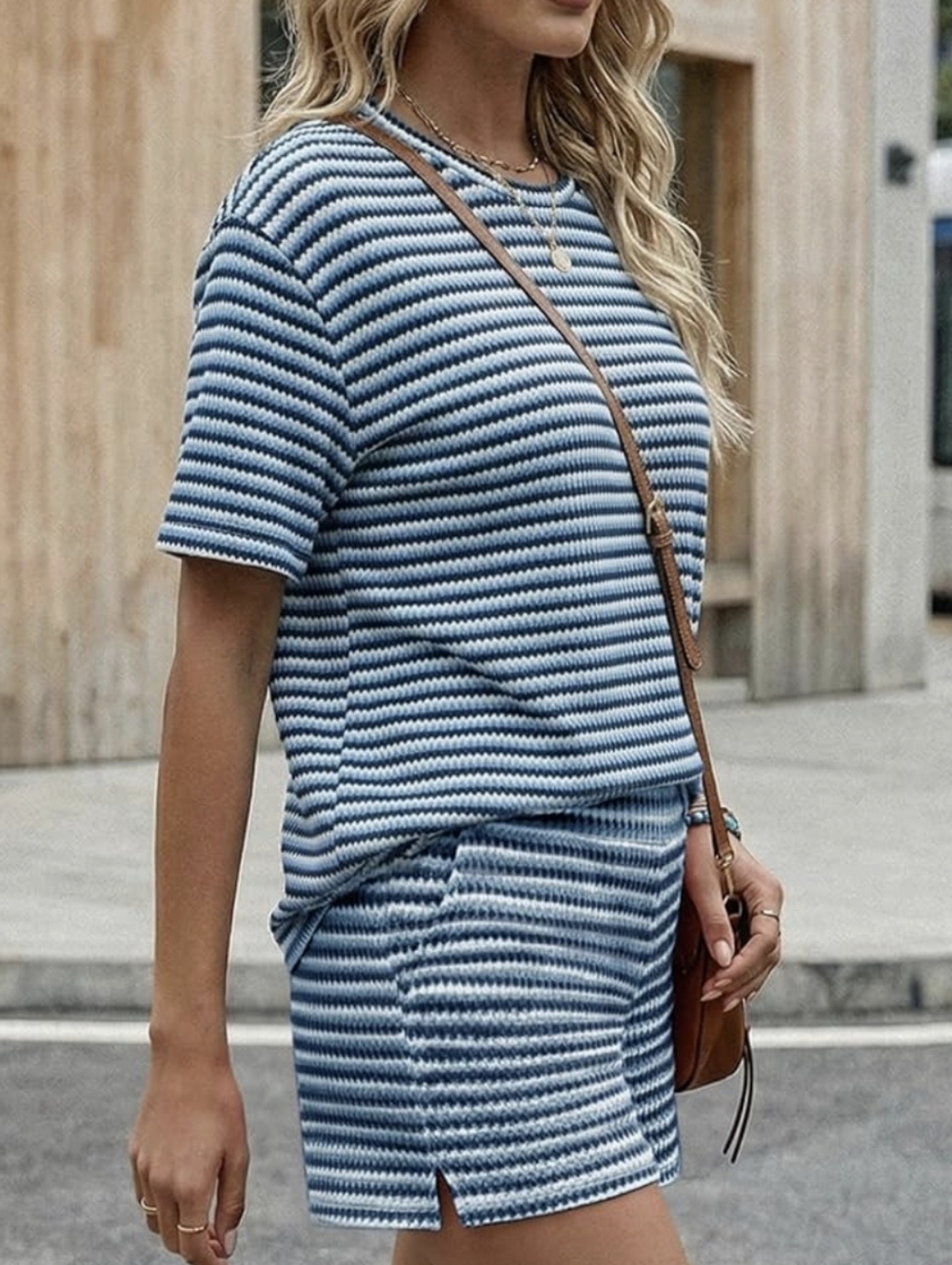 Blue and White Striped Knit Top & Shorts Set - Picture 3 of 4